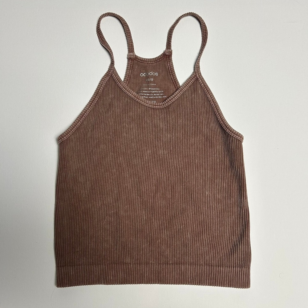 Ododos Women Seamless Ribbed Crop Tank Top Brown High Neck XS/S Yoga Pilates